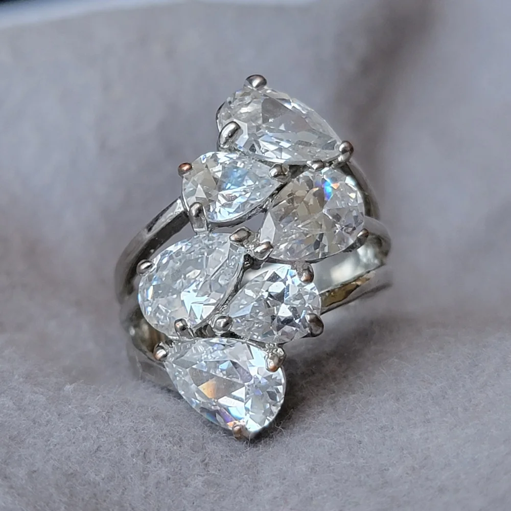 Simulated Diamond Ring Split Shank Tear Drop Pear Cluster Silver Tone Size 7.5
